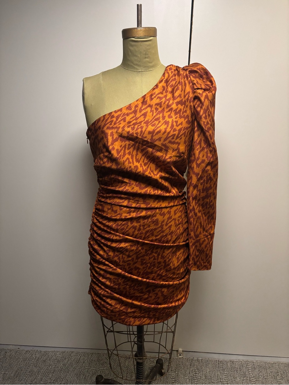 Wilfred One-Shoulder Rust and Burnt Orange Animal-Print Ruched Dress